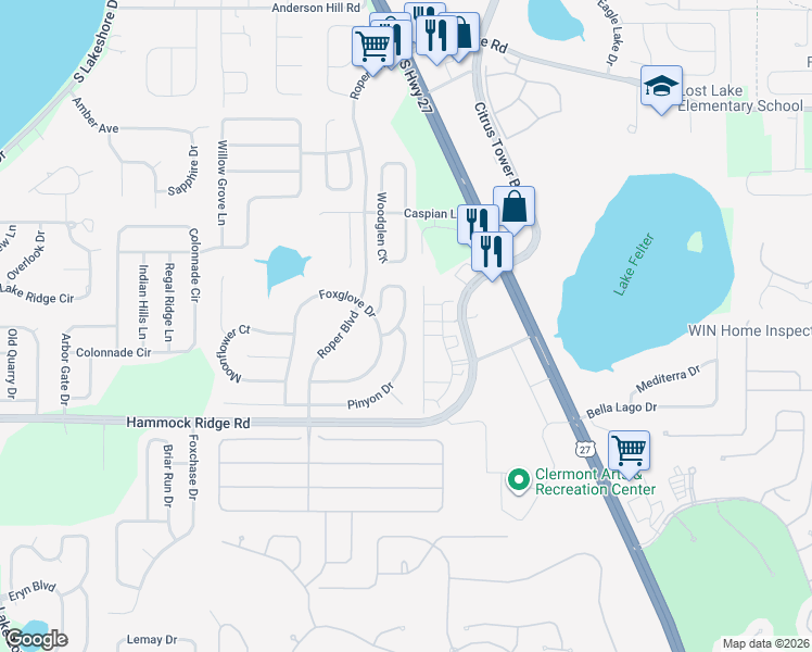 map of restaurants, bars, coffee shops, grocery stores, and more near 13358 Pinyon Drive in Clermont