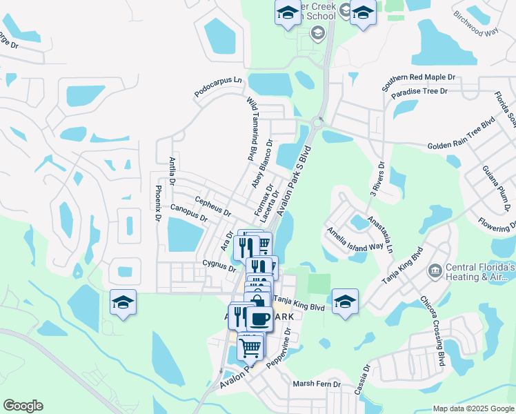 map of restaurants, bars, coffee shops, grocery stores, and more near 13875 Phoenix Drive in Orlando