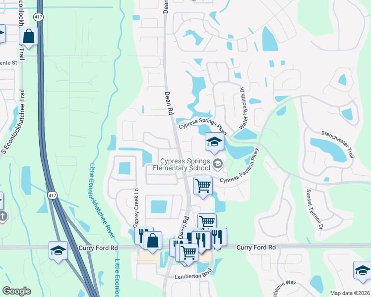 map of restaurants, bars, coffee shops, grocery stores, and more near 10110 Willow Grove Court in Orlando