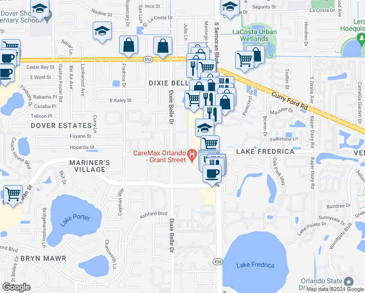 map of restaurants, bars, coffee shops, grocery stores, and more near 2041 Dixie Belle Drive in Orlando