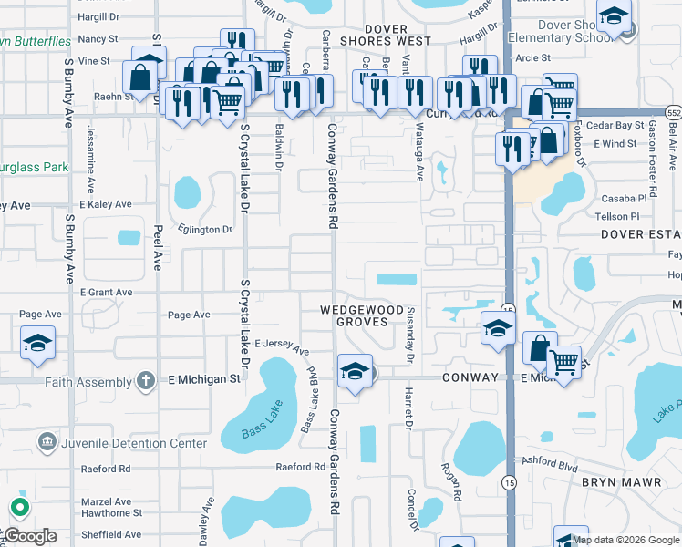map of restaurants, bars, coffee shops, grocery stores, and more near 2206 Maryday Court in Orlando