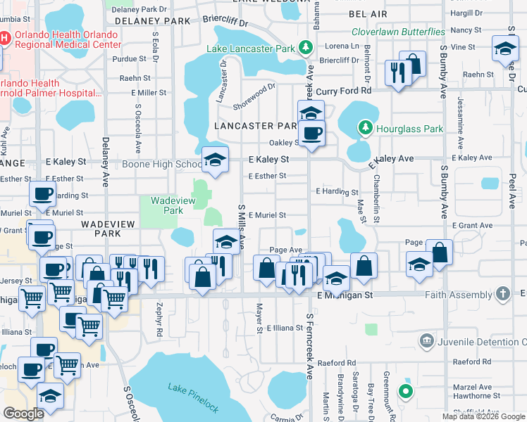 map of restaurants, bars, coffee shops, grocery stores, and more near 1225 East Muriel Street in Orlando