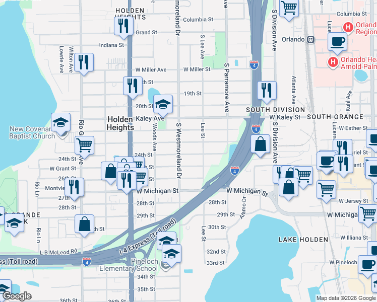 map of restaurants, bars, coffee shops, grocery stores, and more near 910 23rd Street in Orlando