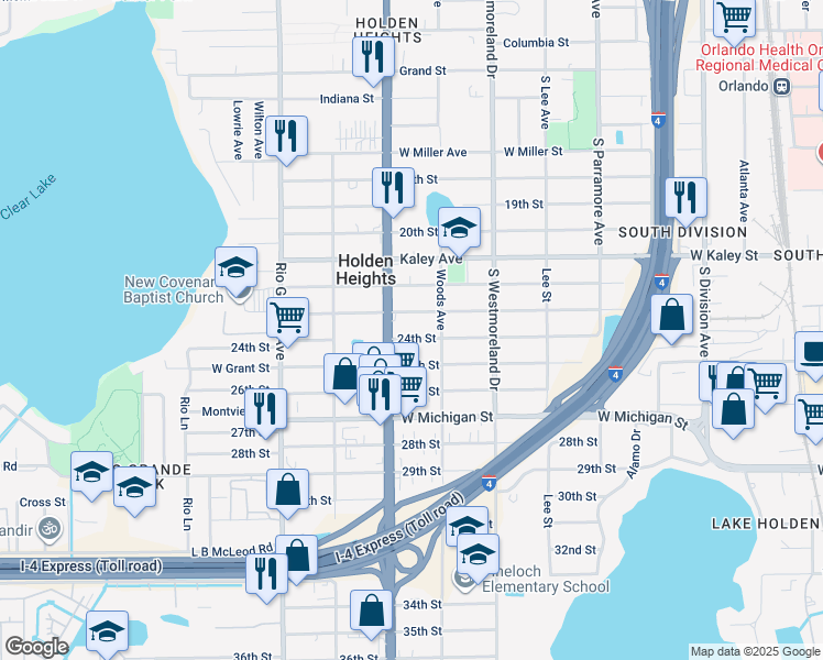 map of restaurants, bars, coffee shops, grocery stores, and more near 1234 23rd Street in Orlando