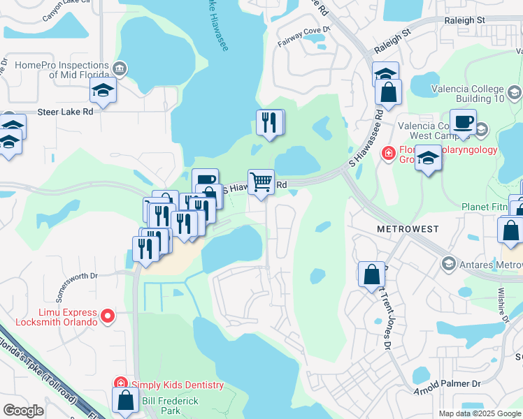 map of restaurants, bars, coffee shops, grocery stores, and more near 2121 South Hiawassee Road in Orlando