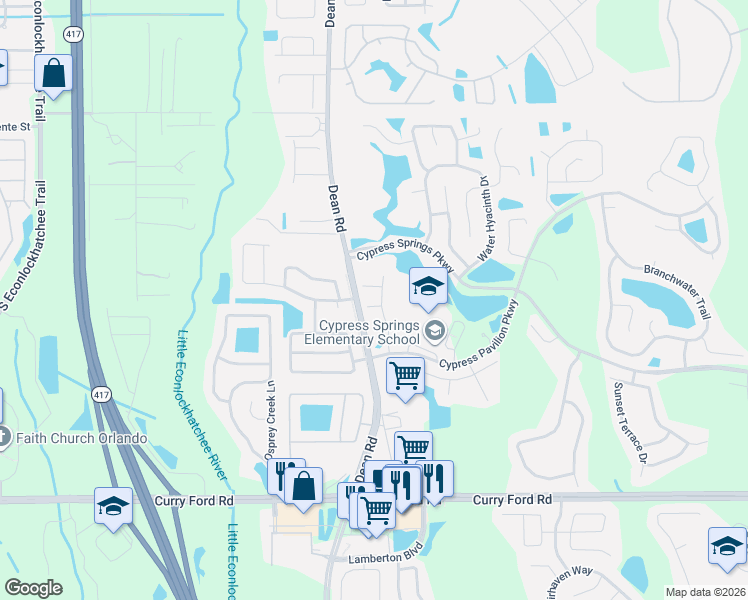 map of restaurants, bars, coffee shops, grocery stores, and more near 10110 Willow Grove Court in Orlando