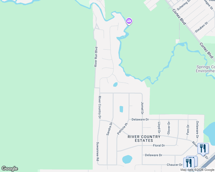 map of restaurants, bars, coffee shops, grocery stores, and more near 6102 Waters Way in Spring Hill