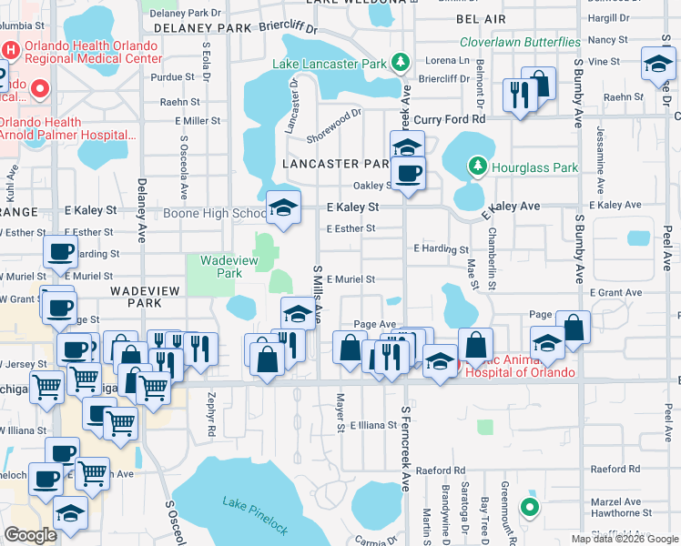 map of restaurants, bars, coffee shops, grocery stores, and more near 1225 East Muriel Street in Orlando
