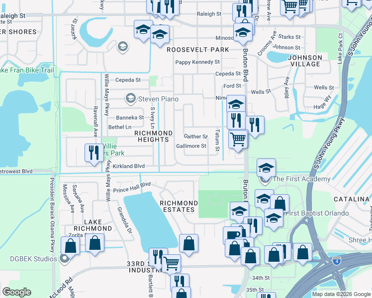 map of restaurants, bars, coffee shops, grocery stores, and more near 4248 Gallimore Street in Orlando