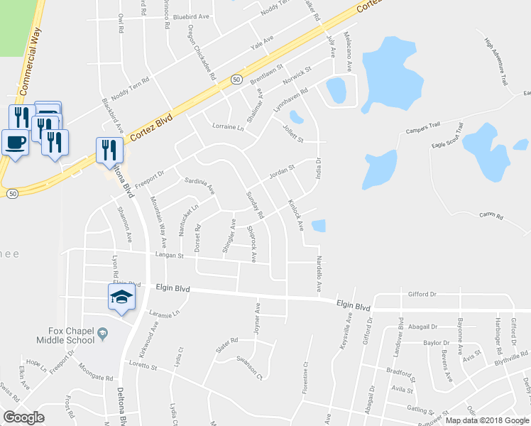 map of restaurants, bars, coffee shops, grocery stores, and more near 6134 Sunday Road in Spring Hill