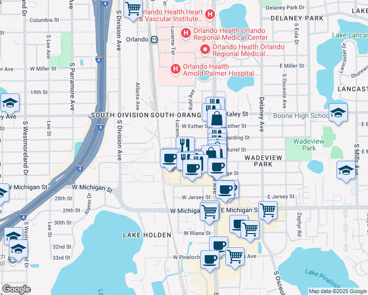 map of restaurants, bars, coffee shops, grocery stores, and more near 96 West Harding Street in Orlando