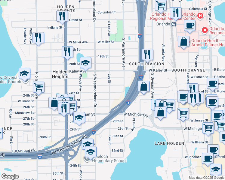map of restaurants, bars, coffee shops, grocery stores, and more near 828 23rd Street in Orlando