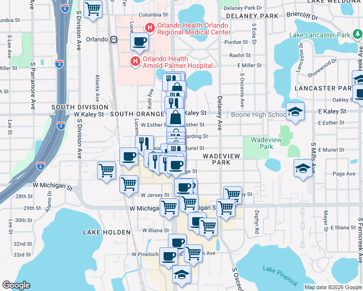 map of restaurants, bars, coffee shops, grocery stores, and more near 134 East Harding Street in Orlando