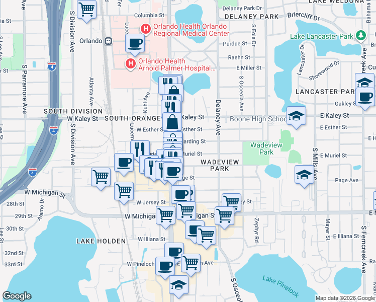 map of restaurants, bars, coffee shops, grocery stores, and more near 134 East Harding Street in Orlando