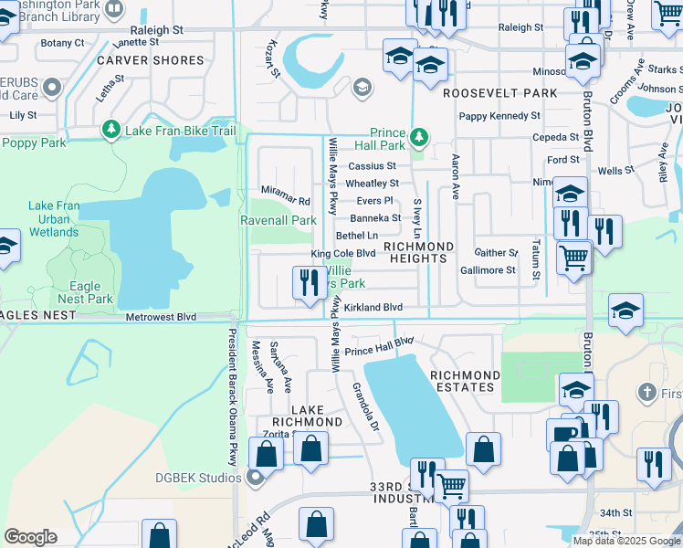 map of restaurants, bars, coffee shops, grocery stores, and more near 2092 Willie Mays Parkway in Orlando