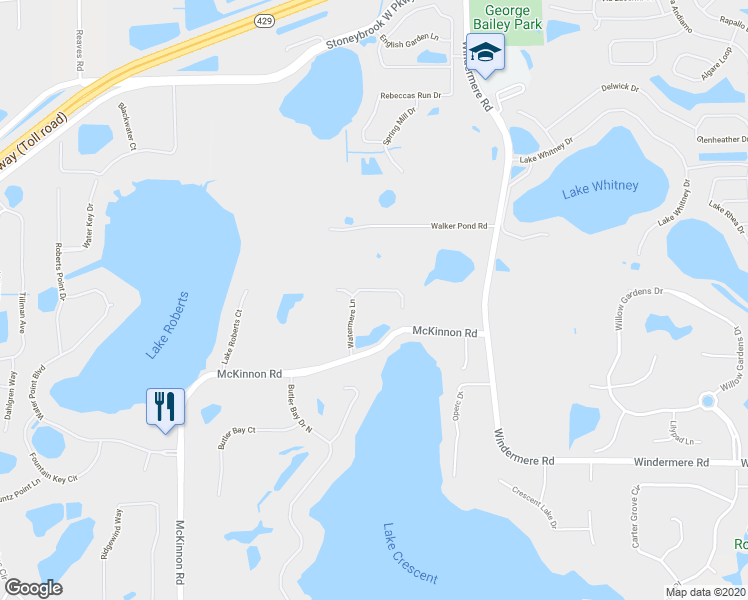 map of restaurants, bars, coffee shops, grocery stores, and more near 1849 Watermere Lane in Windermere