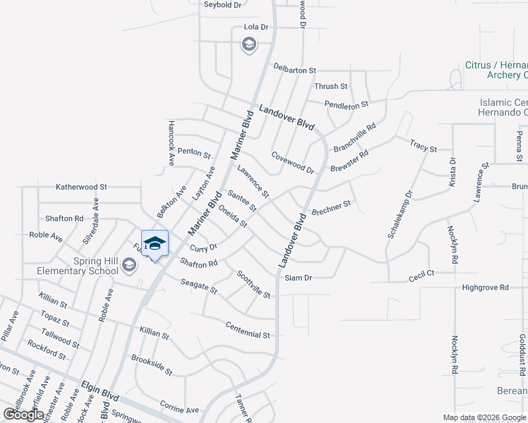 map of restaurants, bars, coffee shops, grocery stores, and more near 13035 Santee Street in Spring Hill