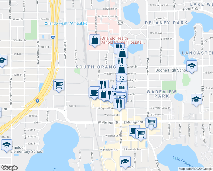 map of restaurants, bars, coffee shops, grocery stores, and more near 32 West Harding Street in Orlando