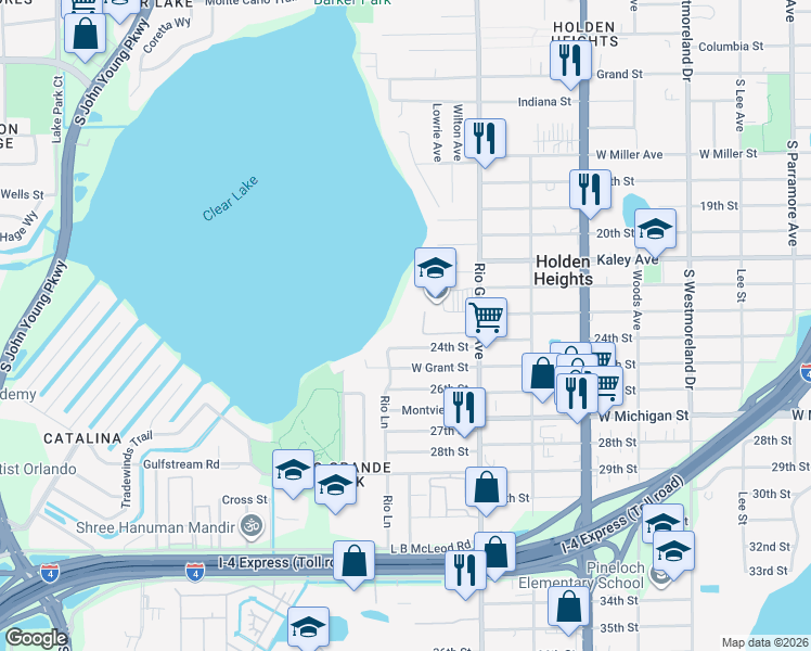 map of restaurants, bars, coffee shops, grocery stores, and more near 2214 South Rio Grande Avenue in Orlando