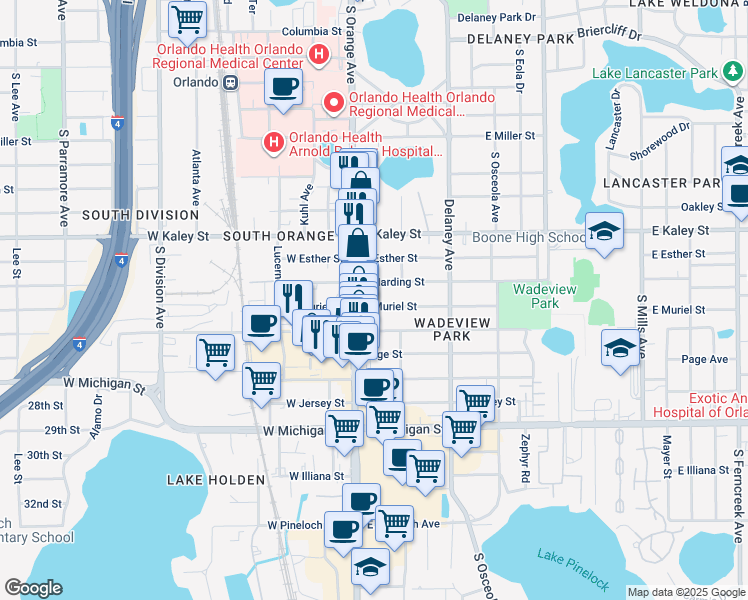 map of restaurants, bars, coffee shops, grocery stores, and more near 115 East Muriel Street in Orlando