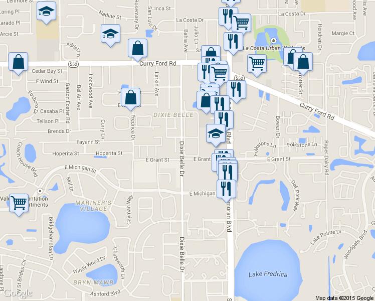 map of restaurants, bars, coffee shops, grocery stores, and more near 2041 Dixie Belle Drive in Orlando
