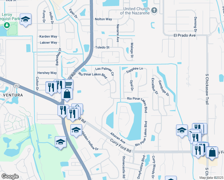 map of restaurants, bars, coffee shops, grocery stores, and more near 7577 Rio Pinar Lakes Boulevard in Orlando