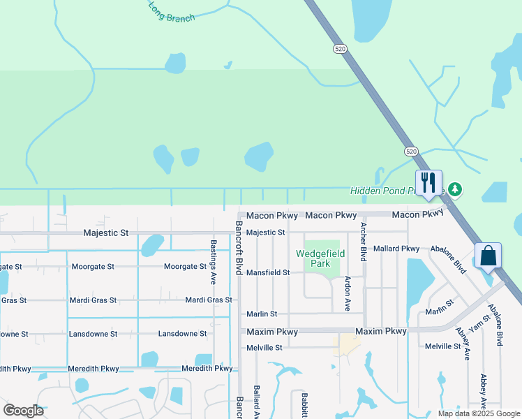 map of restaurants, bars, coffee shops, grocery stores, and more near 20201 Macon Parkway in Orlando