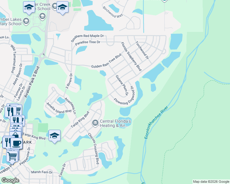 map of restaurants, bars, coffee shops, grocery stores, and more near 2585 Guiana Plum Drive in Orlando