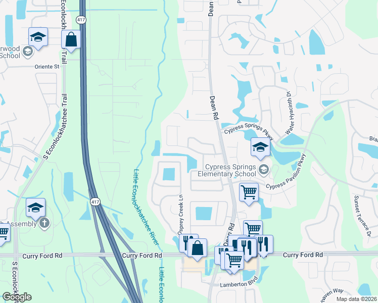 map of restaurants, bars, coffee shops, grocery stores, and more near 9909 Surrey Ridge Road in Orlando