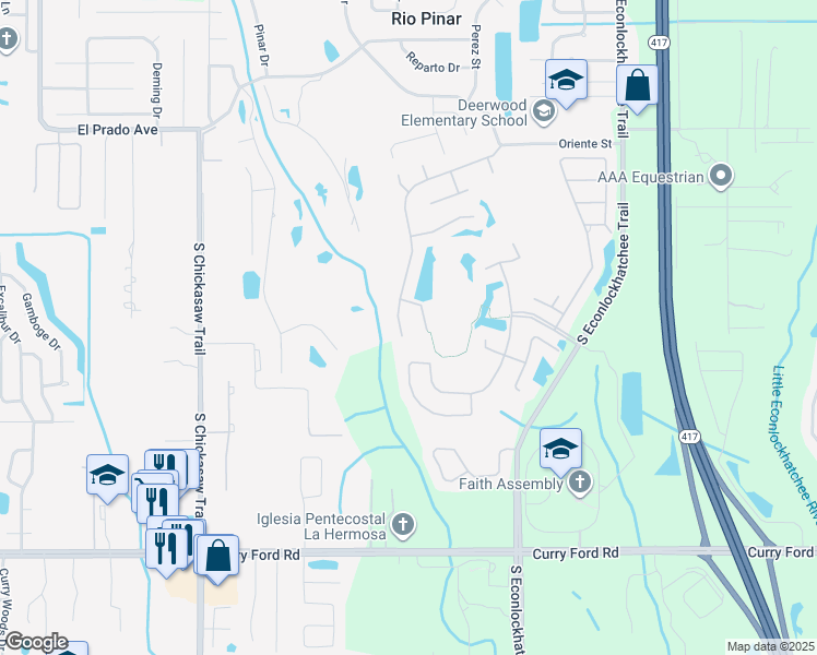 map of restaurants, bars, coffee shops, grocery stores, and more near 2019 Winding Oaks Drive in Orlando