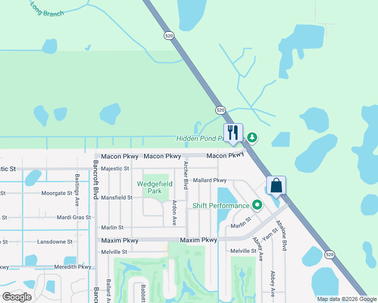 map of restaurants, bars, coffee shops, grocery stores, and more near 20623 Macon Parkway in Orlando