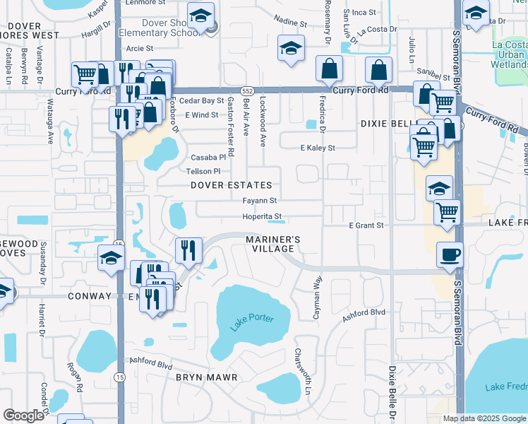 map of restaurants, bars, coffee shops, grocery stores, and more near 5126 Fayann Street in Orlando