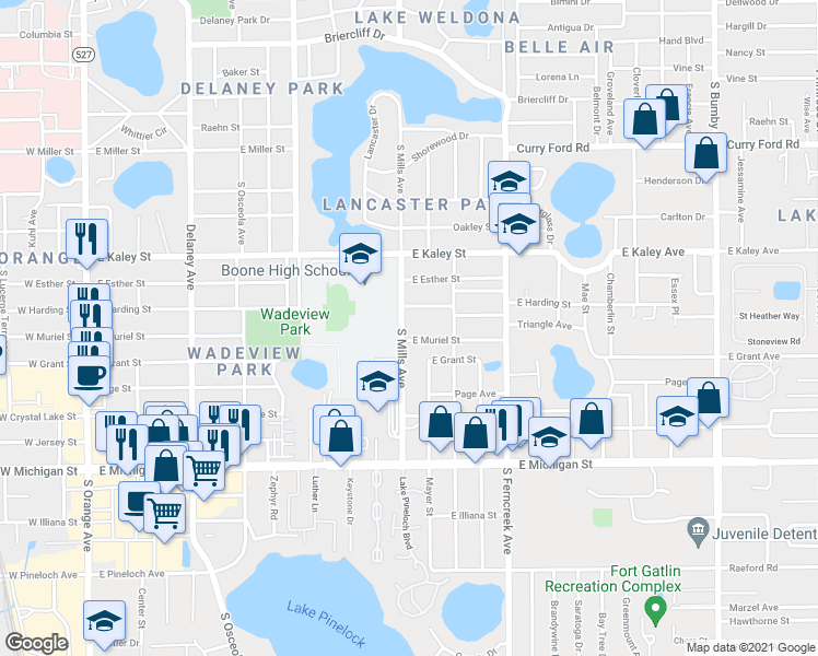 map of restaurants, bars, coffee shops, grocery stores, and more near 1225 East Muriel Street in Orlando