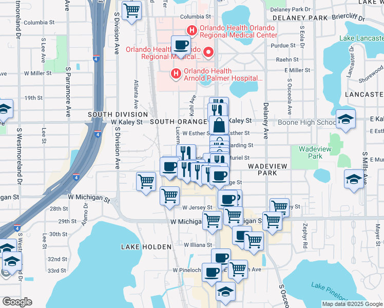 map of restaurants, bars, coffee shops, grocery stores, and more near 32 West Harding Street in Orlando