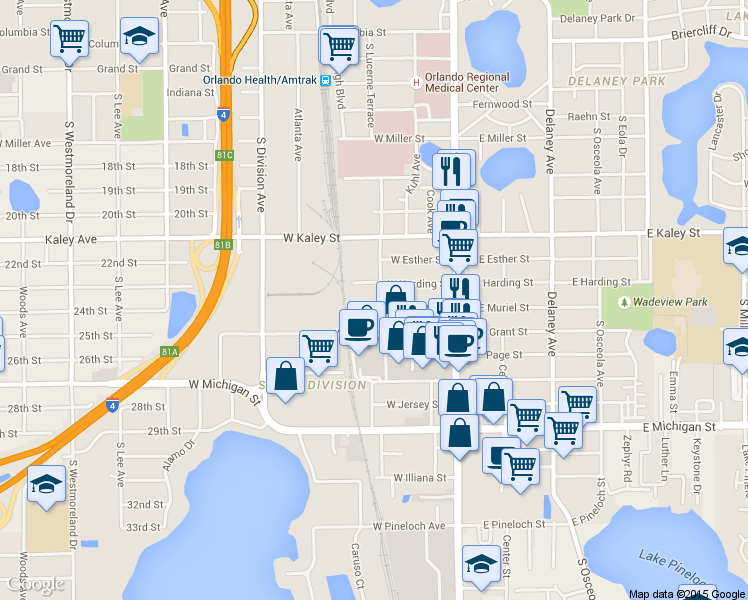 map of restaurants, bars, coffee shops, grocery stores, and more near 96 West Harding Street in Orlando