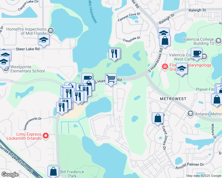 map of restaurants, bars, coffee shops, grocery stores, and more near 2121 South Hiawassee Road in Orlando