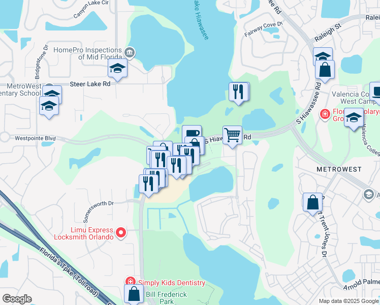 map of restaurants, bars, coffee shops, grocery stores, and more near 2295 South Hiawassee Road in Orlando