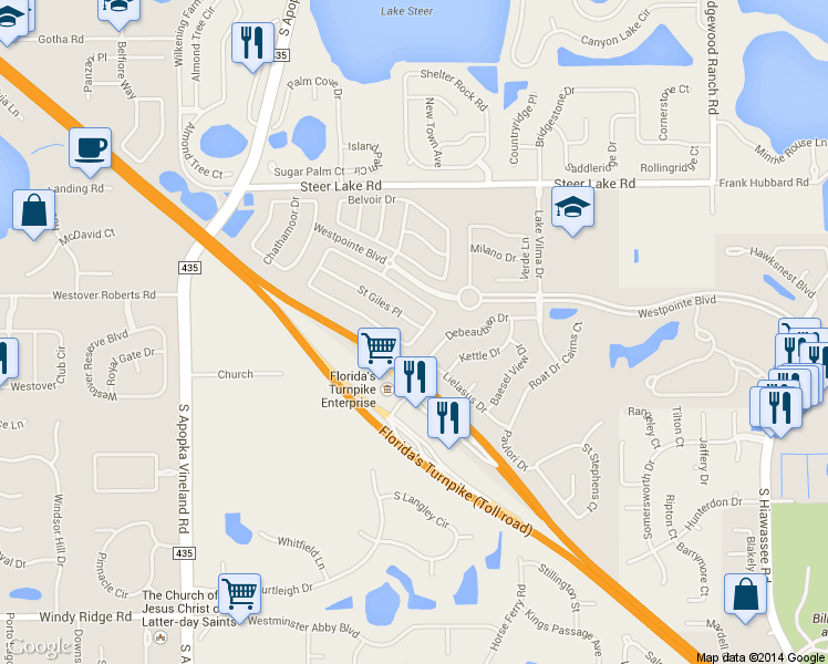 map of restaurants, bars, coffee shops, grocery stores, and more near 7801 Saint Giles Place in Orlando