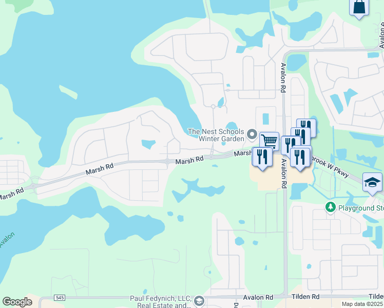 map of restaurants, bars, coffee shops, grocery stores, and more near 16575 Broadwater Avenue in Winter Garden