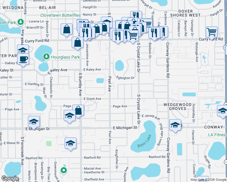 map of restaurants, bars, coffee shops, grocery stores, and more near 2118 Sue Haven Drive in Orlando