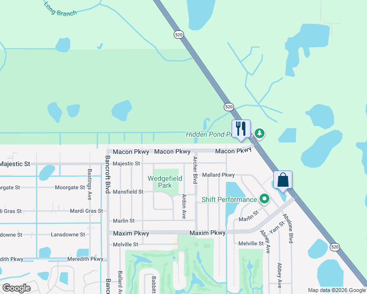 map of restaurants, bars, coffee shops, grocery stores, and more near 20507 Macon Parkway in Orlando