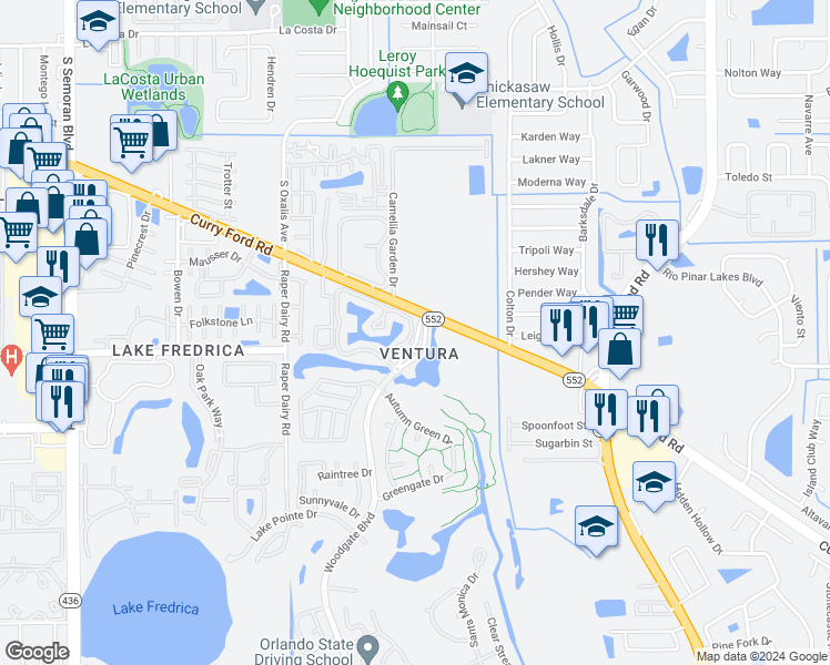 map of restaurants, bars, coffee shops, grocery stores, and more near 2528 Woodgate Boulevard in Orlando