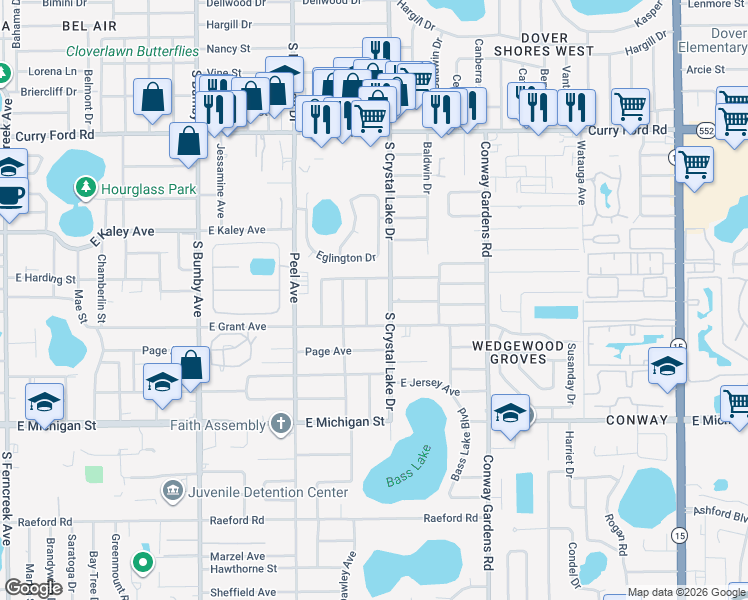 map of restaurants, bars, coffee shops, grocery stores, and more near 2108 South Crystal Lake Drive in Orlando