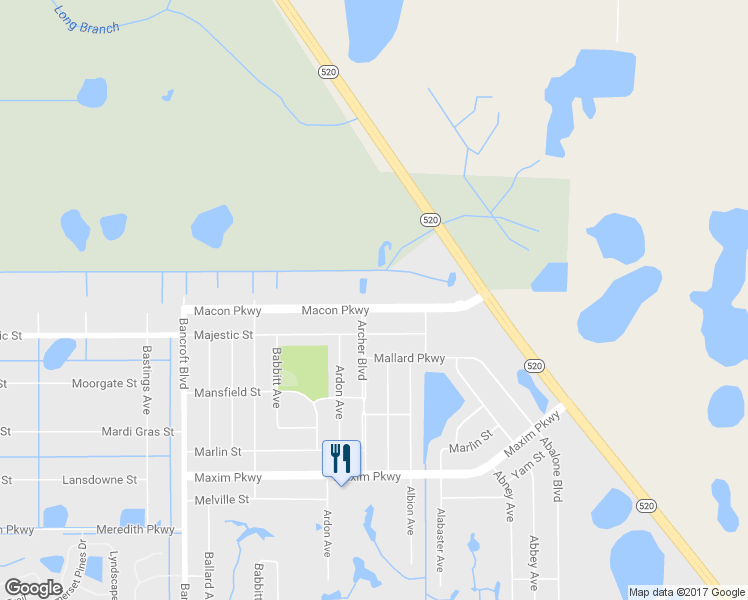 map of restaurants, bars, coffee shops, grocery stores, and more near 20623 Macon Parkway in Orlando