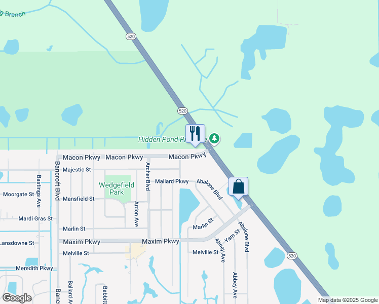 map of restaurants, bars, coffee shops, grocery stores, and more near 20715 Macon Parkway in Orlando