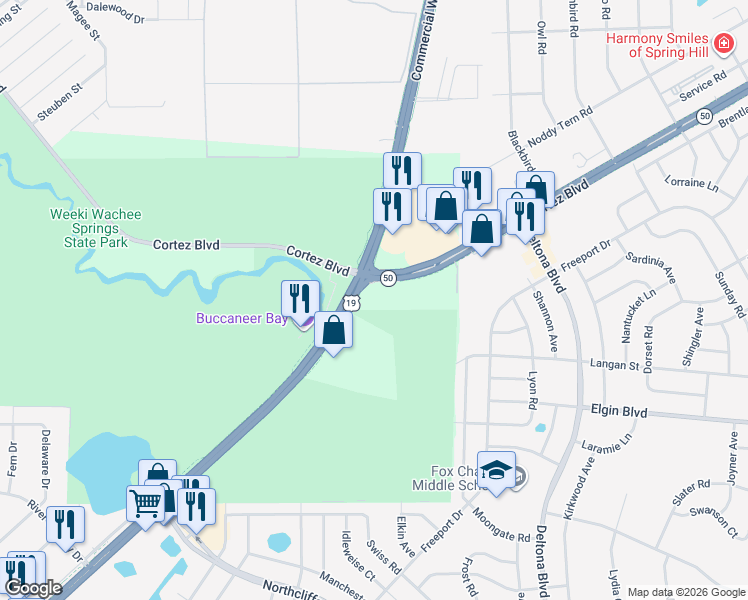 map of restaurants, bars, coffee shops, grocery stores, and more near 9204 Cortez Boulevard in Spring Hill