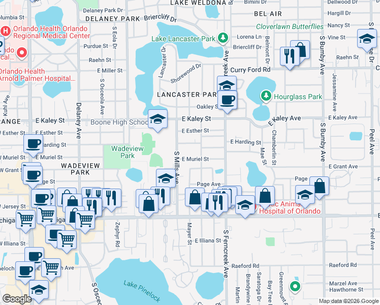 map of restaurants, bars, coffee shops, grocery stores, and more near 1225 East Muriel Street in Orlando