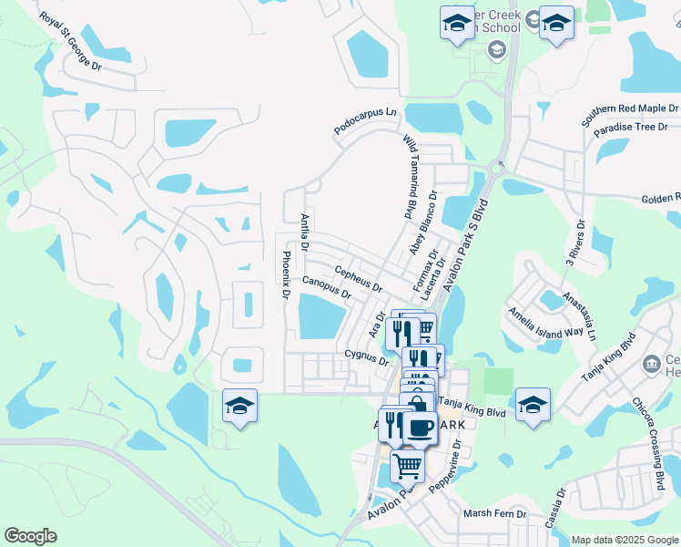 map of restaurants, bars, coffee shops, grocery stores, and more near 2702 Corona Borealis Drive in Orlando
