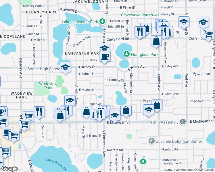 map of restaurants, bars, coffee shops, grocery stores, and more near 2106 South Ferncreek Avenue in Orlando