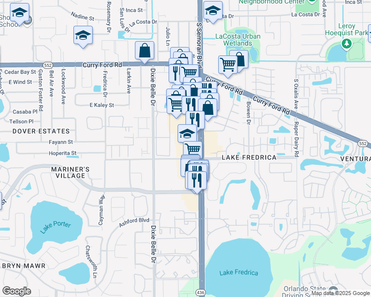 map of restaurants, bars, coffee shops, grocery stores, and more near 2274 South Semoran Boulevard in Orlando